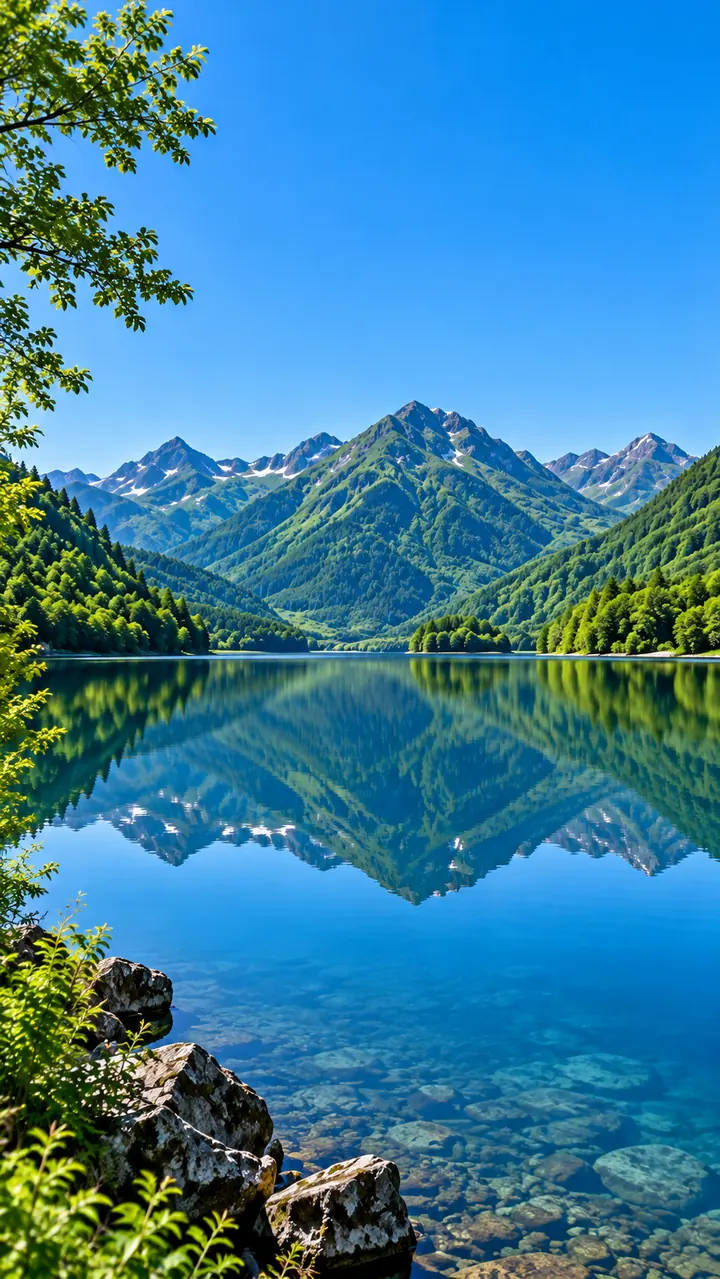 Lago azul cristalino cercado por montanhas verdes, refletidas na água.